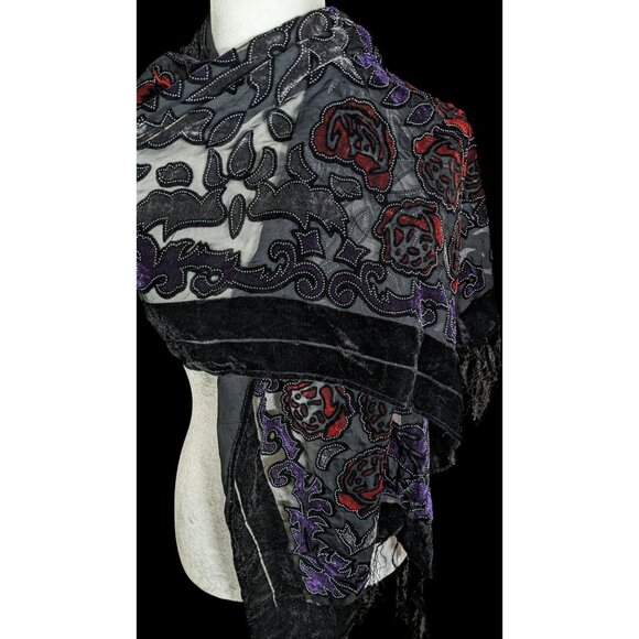 Vintage Gothic Floral Red Purple And Black Velvet Burnout Scarf With Fringe - Picture 3 of 4